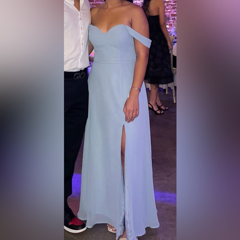 Dusty Blue Off the Shoulder Dress